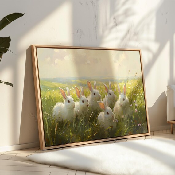 Group Of White Bunnies In Sunny Spring Meadow Cute Bunny Art Poster