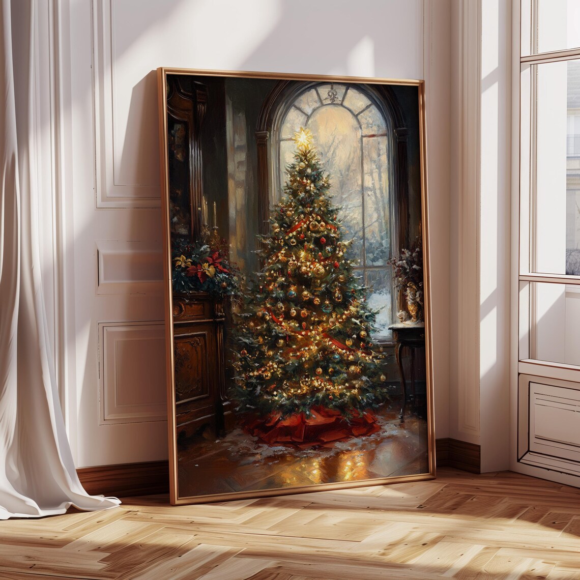 Cozy Christmas Tree by Frosted Window, Vintage Holiday