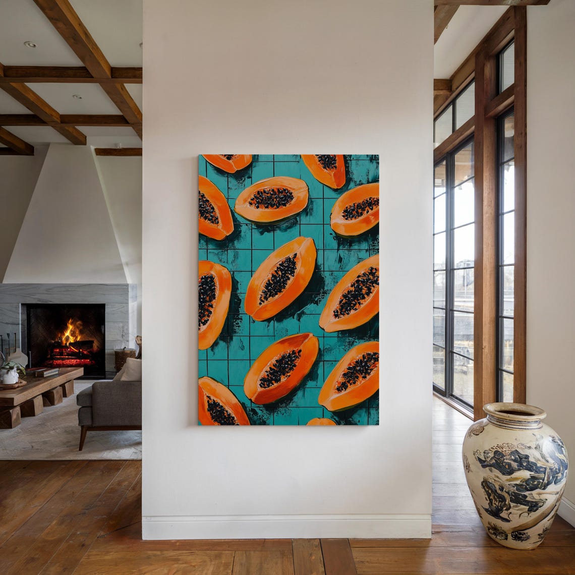 Bold Papaya Halves Teal Tile Tropical Fruit Pop Art Colorful Poster - Image 2