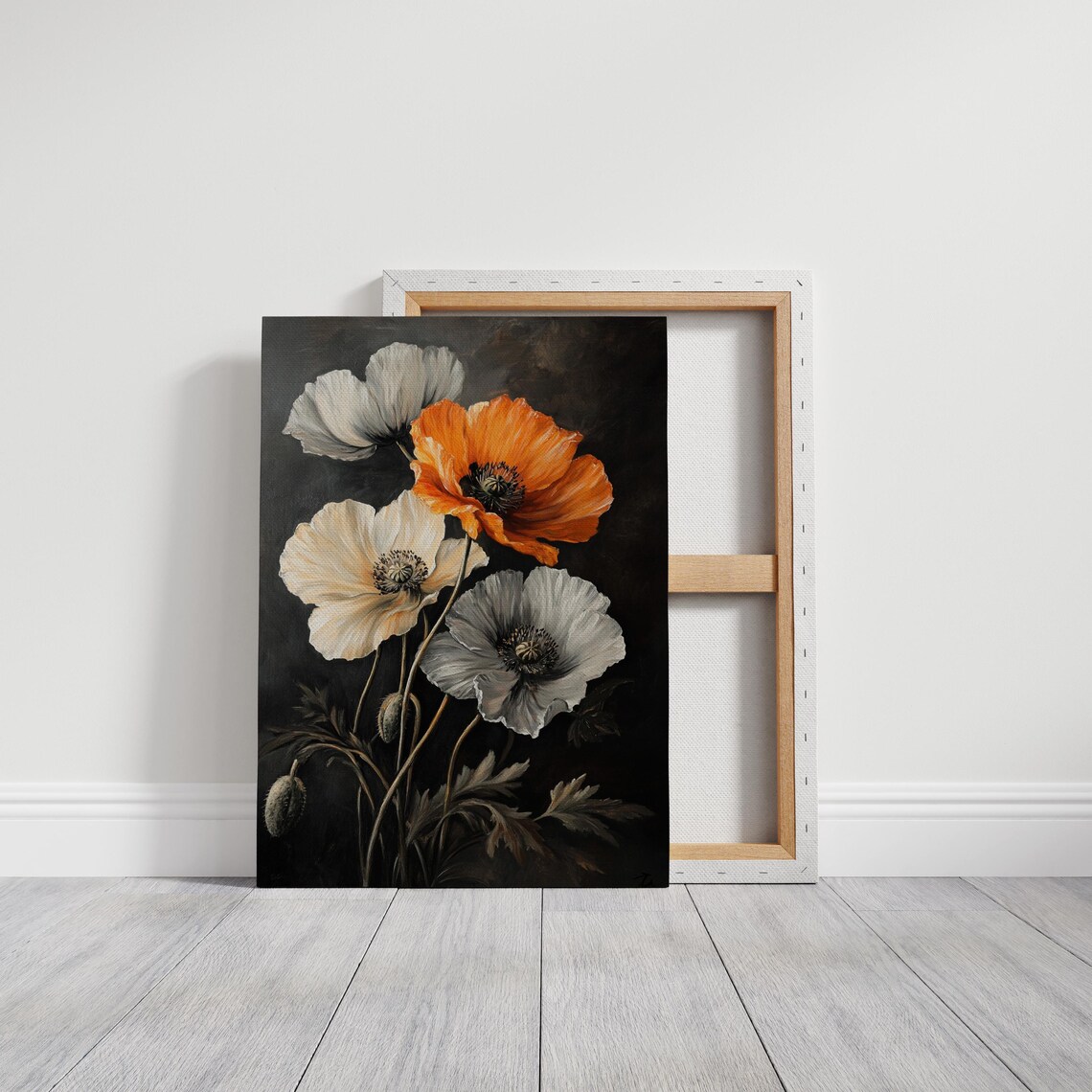 Dark Botanical Poppy Flower Painting Orange White Moody Wall Art Print - Image 4