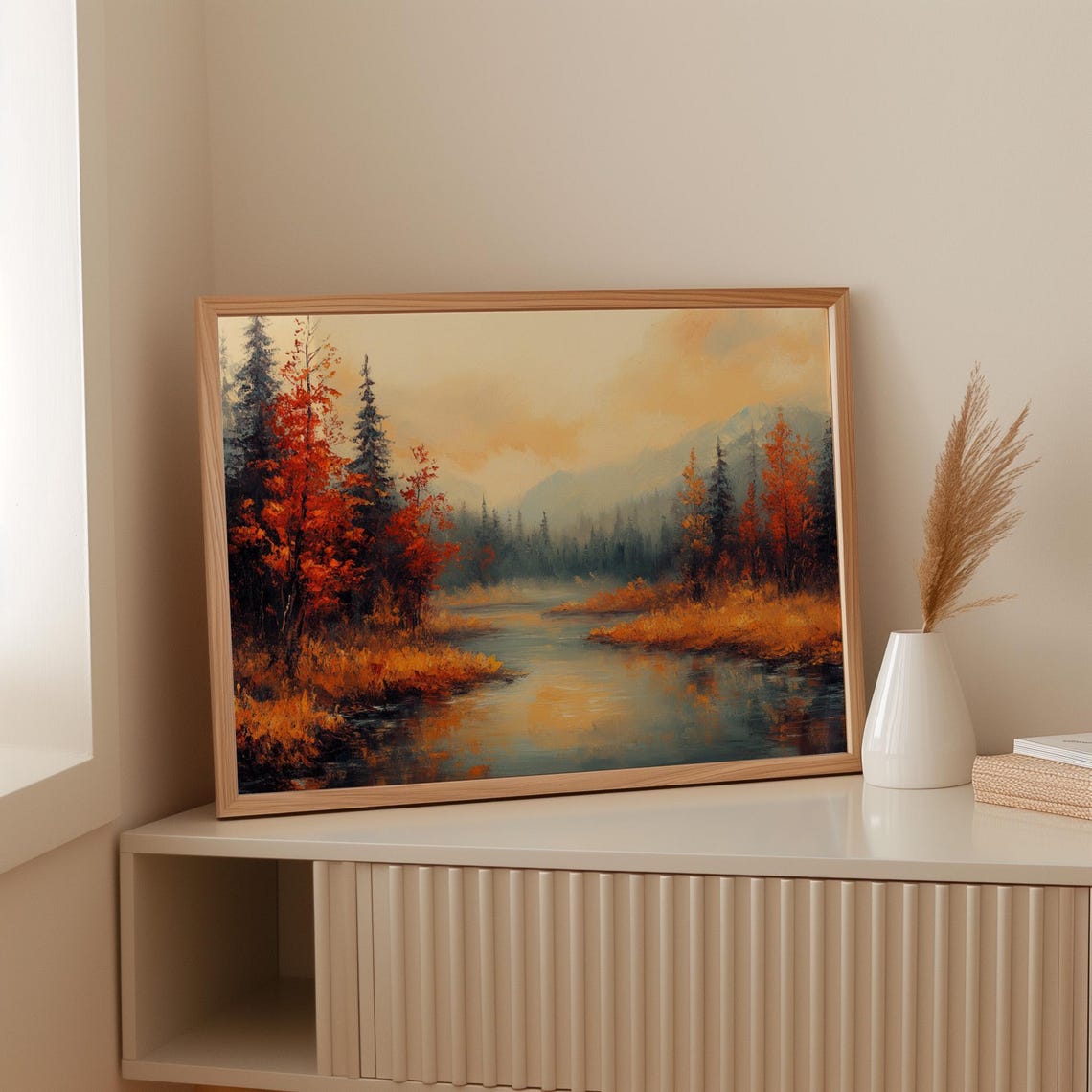 Autumn River Landscape, Moody Nature Painting - Image 2