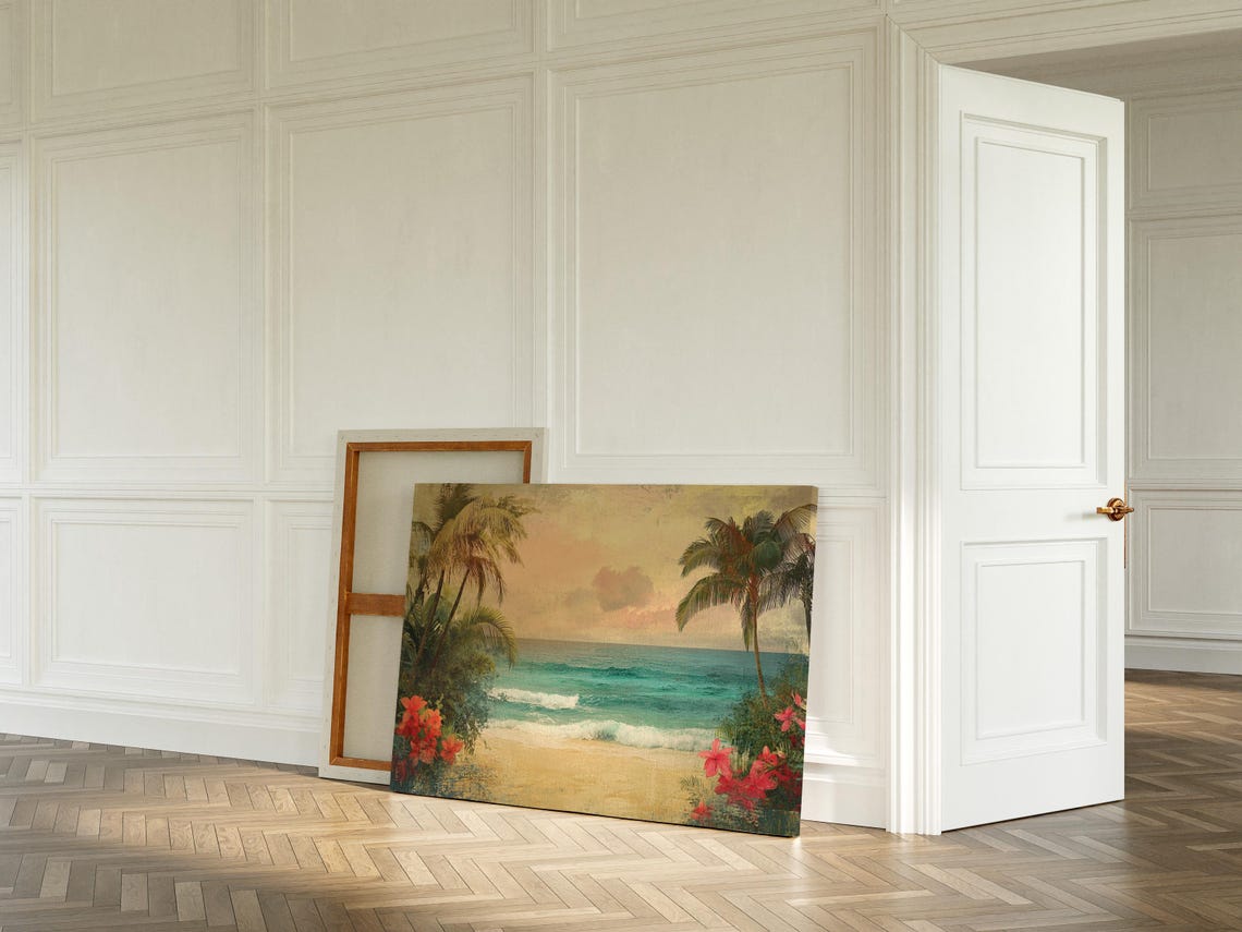 Vintage Tropical Beach Palm Trees Turquoise Ocean Sunset Art Poster - Image 5