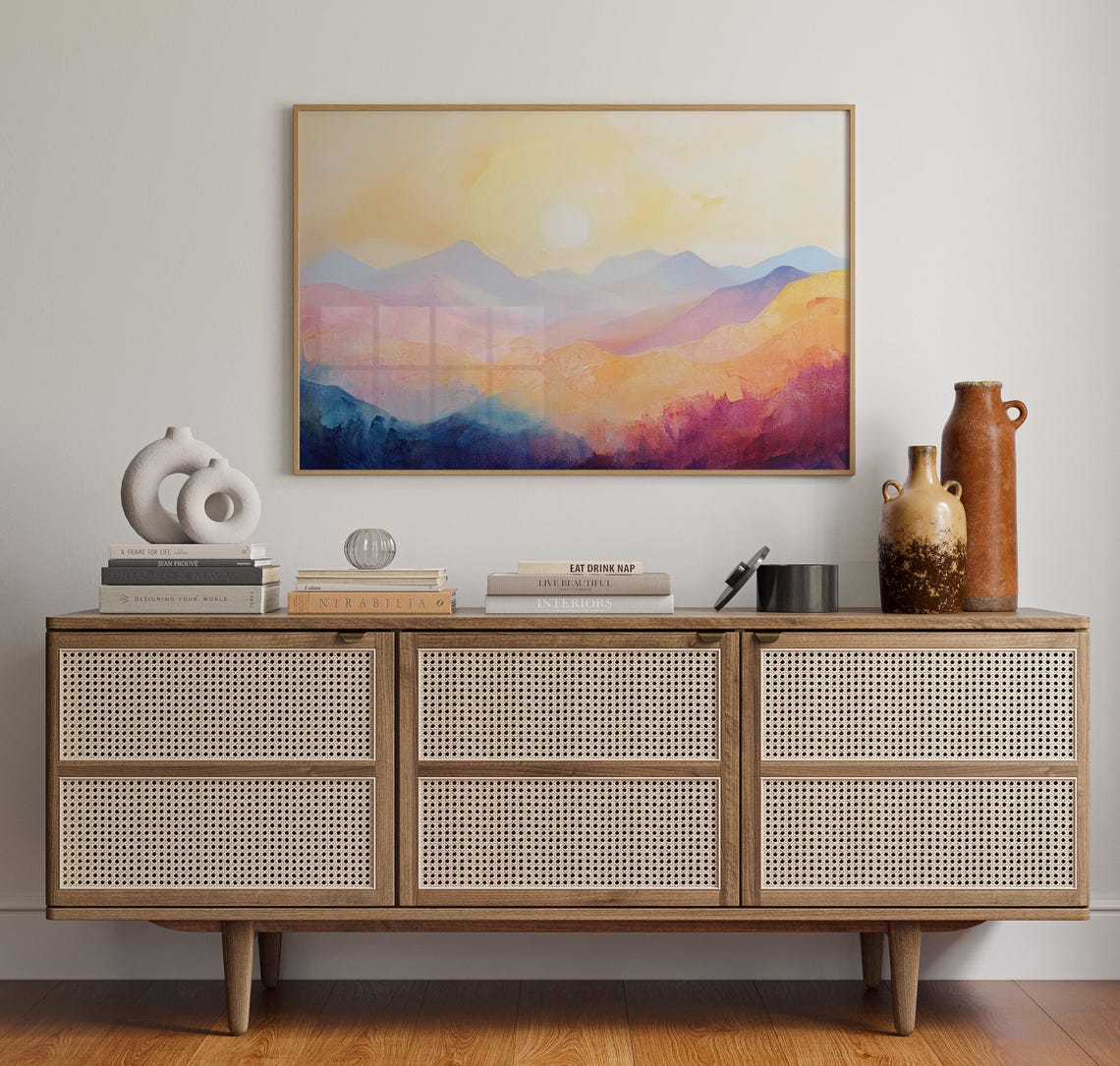 Soft Sunrise Over Abstract Mountains Warm Pastel Landscape Art Print For Serene And Modern Home Decor - Image 5