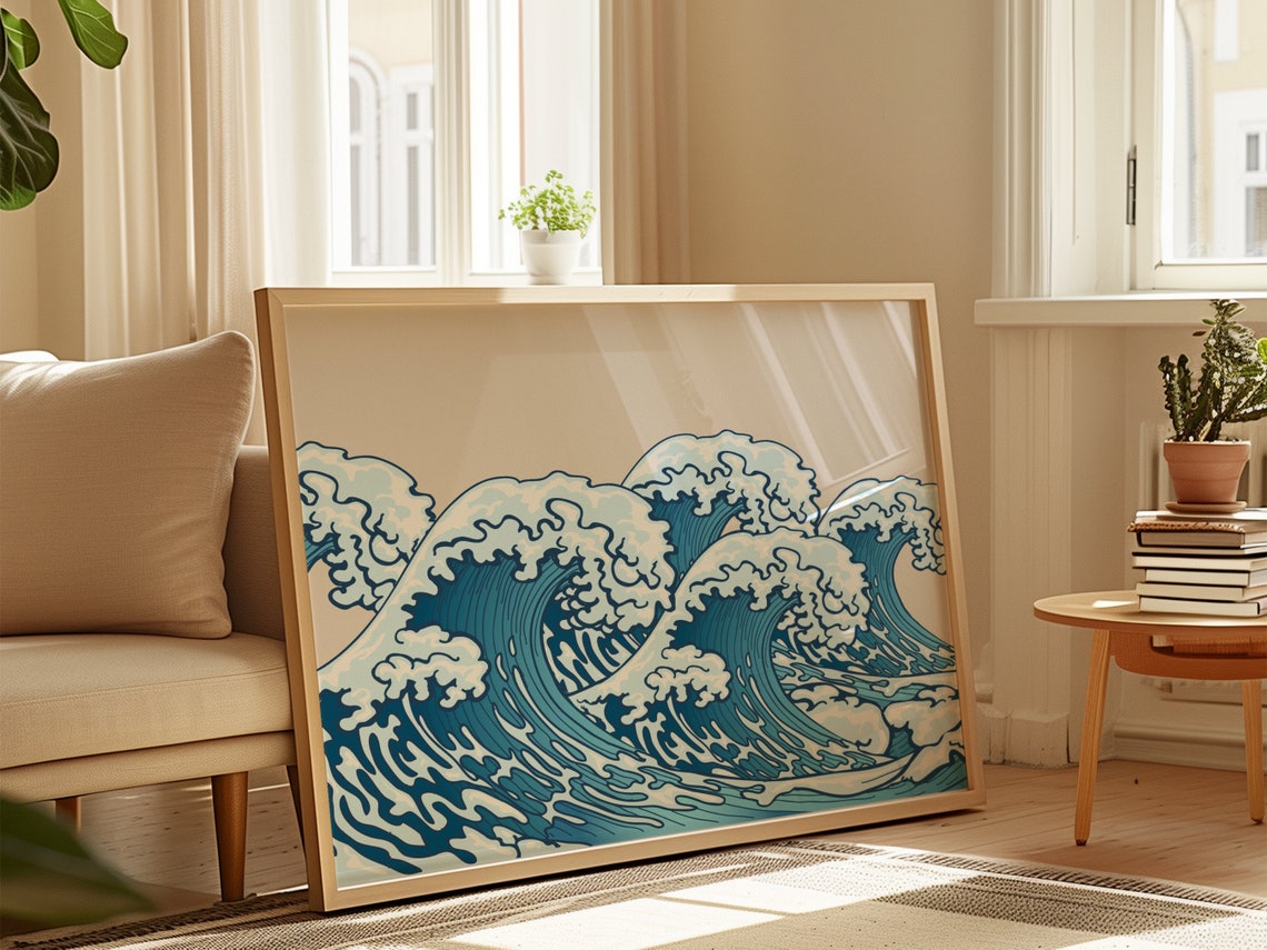 Japanese Great Blue Waves Hokusai Style Ocean Sea Surf Wall Art Poster - Image 2