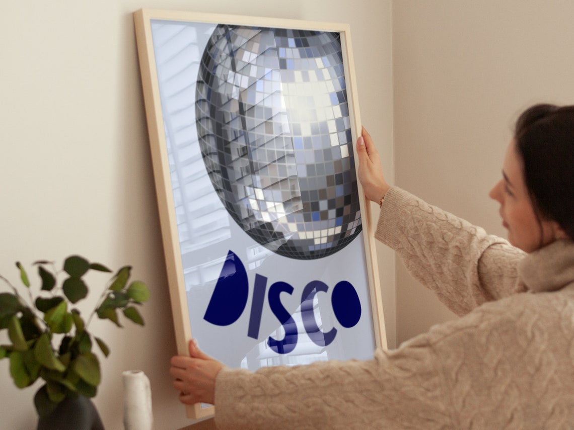 Silver Disco Ball With Navy Disco Typography Retro Party Wall Poster