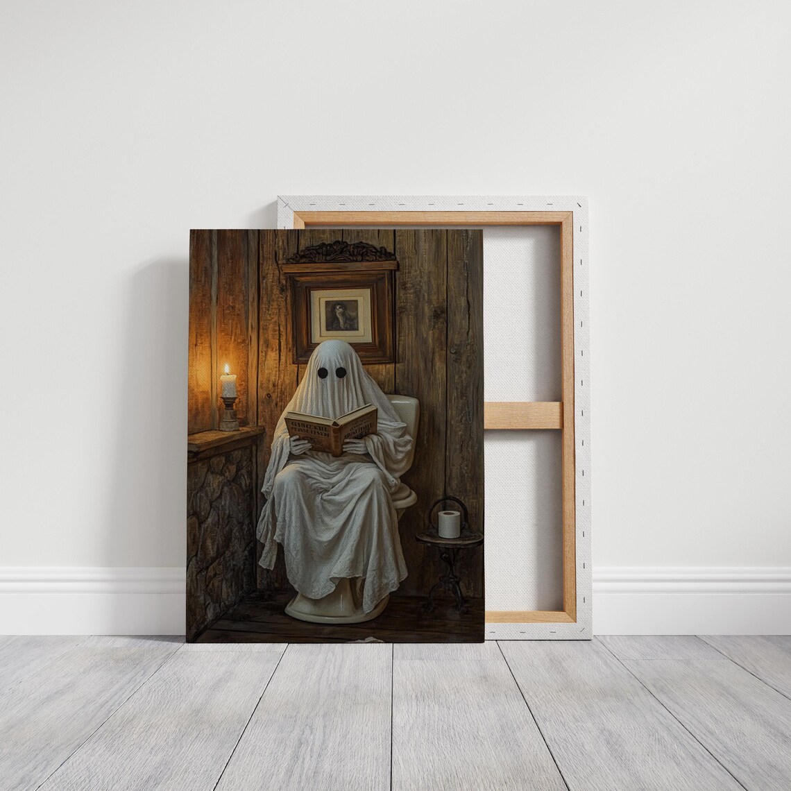 Quirky Ghost Reading On Toilet Rustic Bathroom Humorous Spooky Wall Art - Image 3