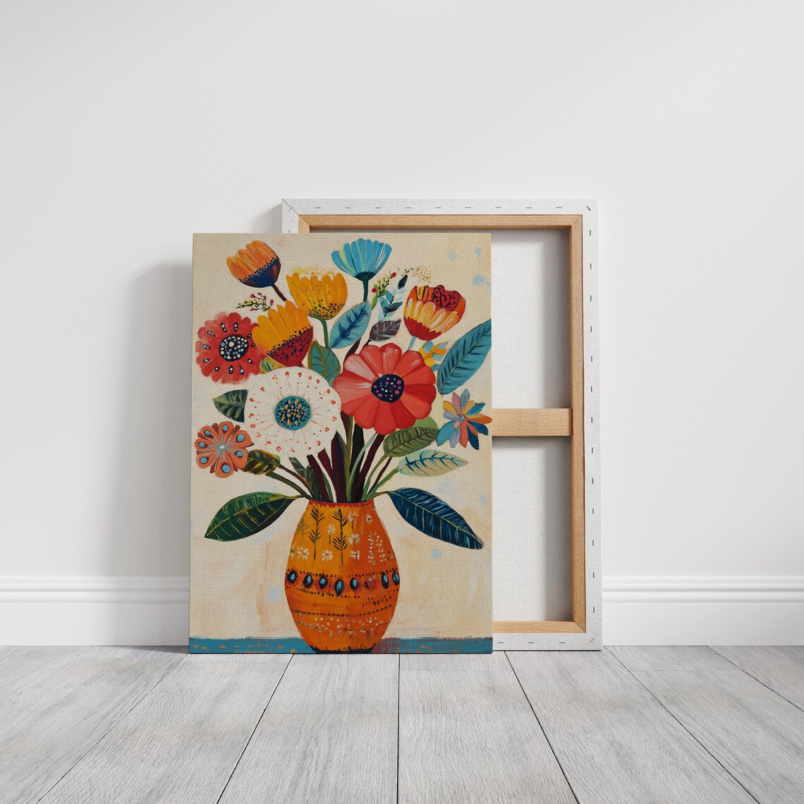 Whimsical Folk Art Flower Bouquet Orange Vase Colorful Wall Art Print - Image 4