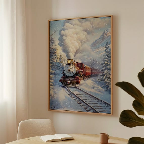 Vintage Steam Train Winter Wall Art Snowy Locomotive Landscape Painting Rustic Holiday Decor Winter Wonderland Train Print