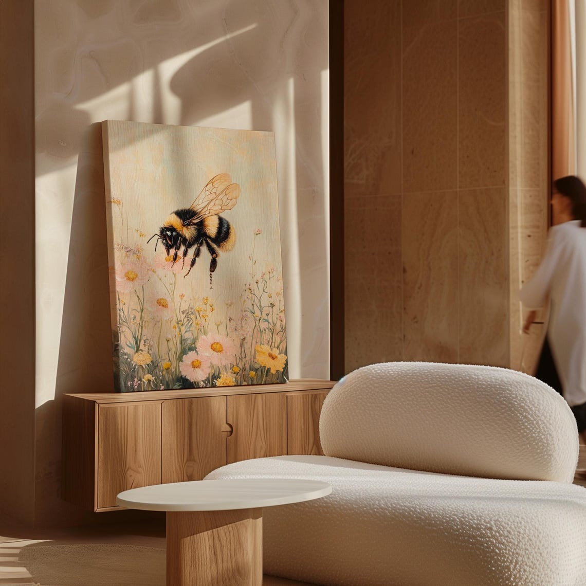 Bumblebee Hovering Over Pink Wildflowers Pastel Botanical Print - Image 4