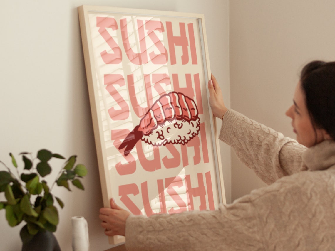 Ebi Shrimp Nigiri Sushi Retro Pink Typography Minimal Kitchen Wall Art - Image 4