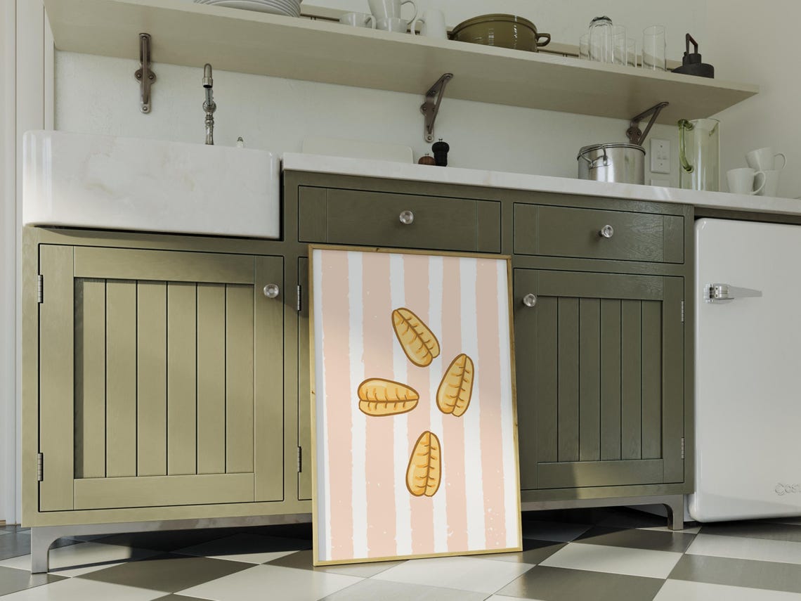 Cute Gnocchi Pasta Illustration Playful Striped Kitchen Art Poster - Image 4