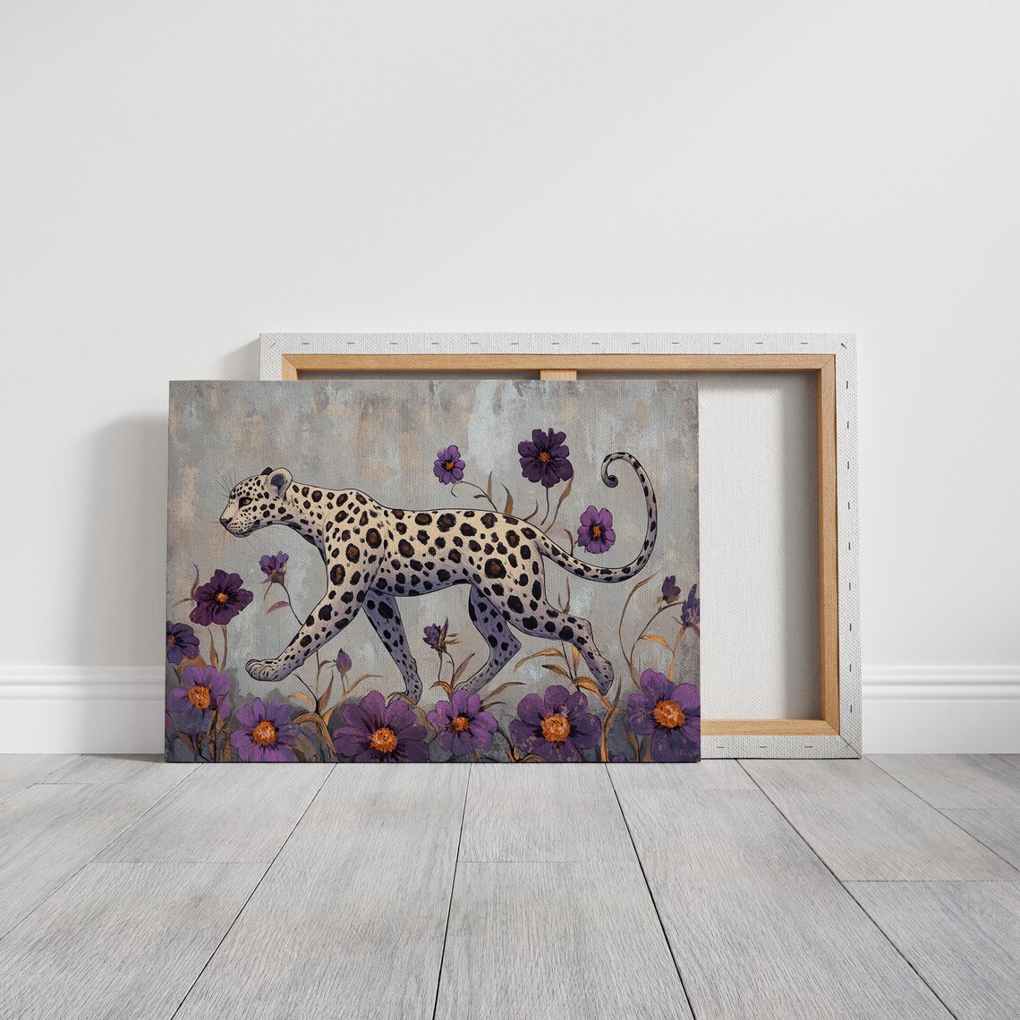 Black And White Leopard Walking Purple Flowers Wildflower Wildlife Poster - Image 5