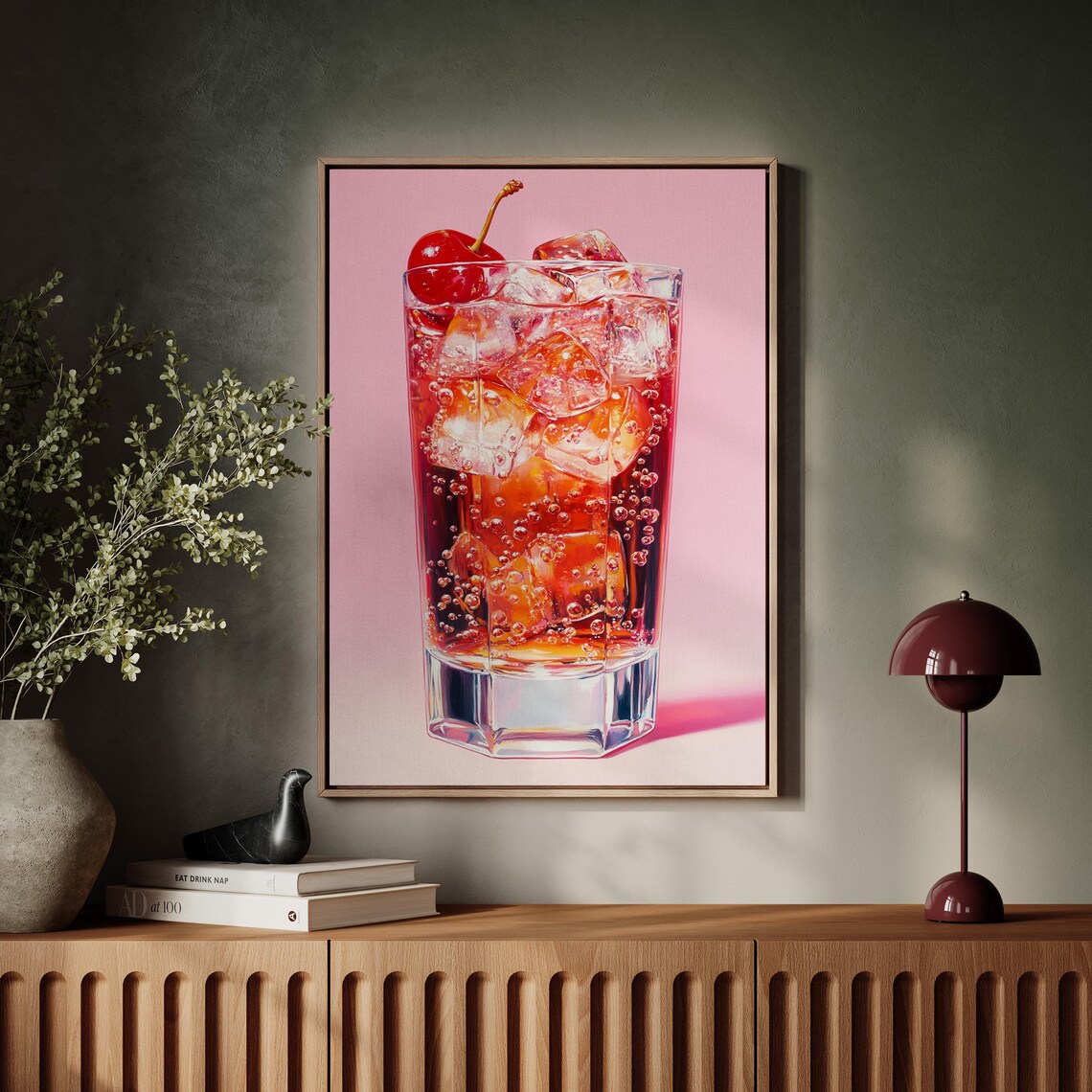 Realistic Cherry Soda Still Life Art Sparkling Beverage Painting With Ice Cubes On Pink Background For Modern Wall Decor - Image 2