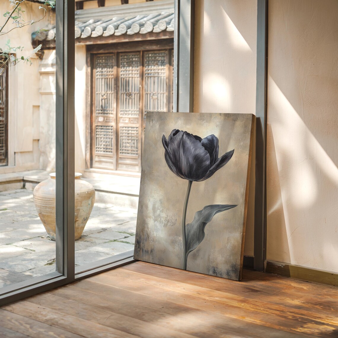 Elegant Black Tulip Painting, Modern Floral Decor - Image 3