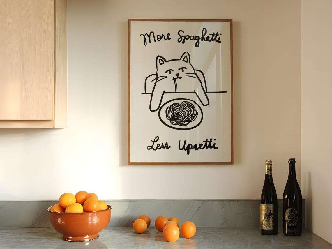 More Spaghetti Less Upsetti Funny Black White Cat Kitchen Poster Art - Image 2
