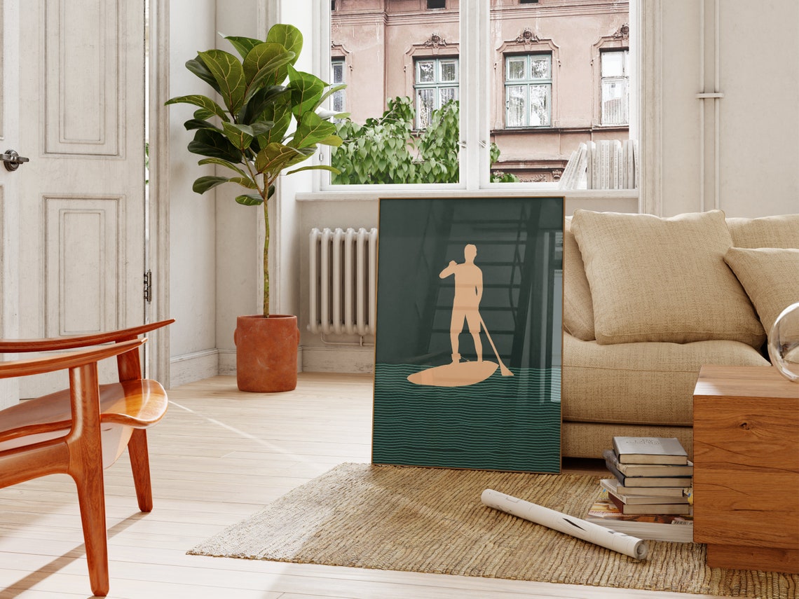 Paddle Board Man Silhouette Deep Teal Minimalist Coastal Wall Poster - Image 4