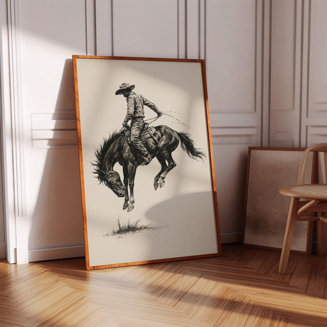 Western Cowboy Riding A Bucking Horse, Vintage Rodeo Ink Drawing - Image 3