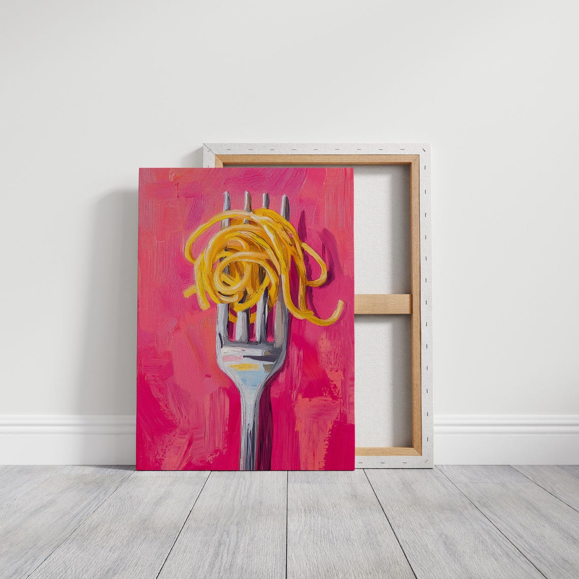 Fork With Golden Spaghetti Vibrant Hot Pink Modern Food Art Poster - Image 4