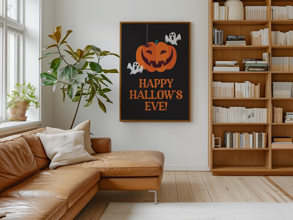 Happy Hallows Eve Jack O Lantern And Ghosts Black Orange Halloween Poster - Image 4