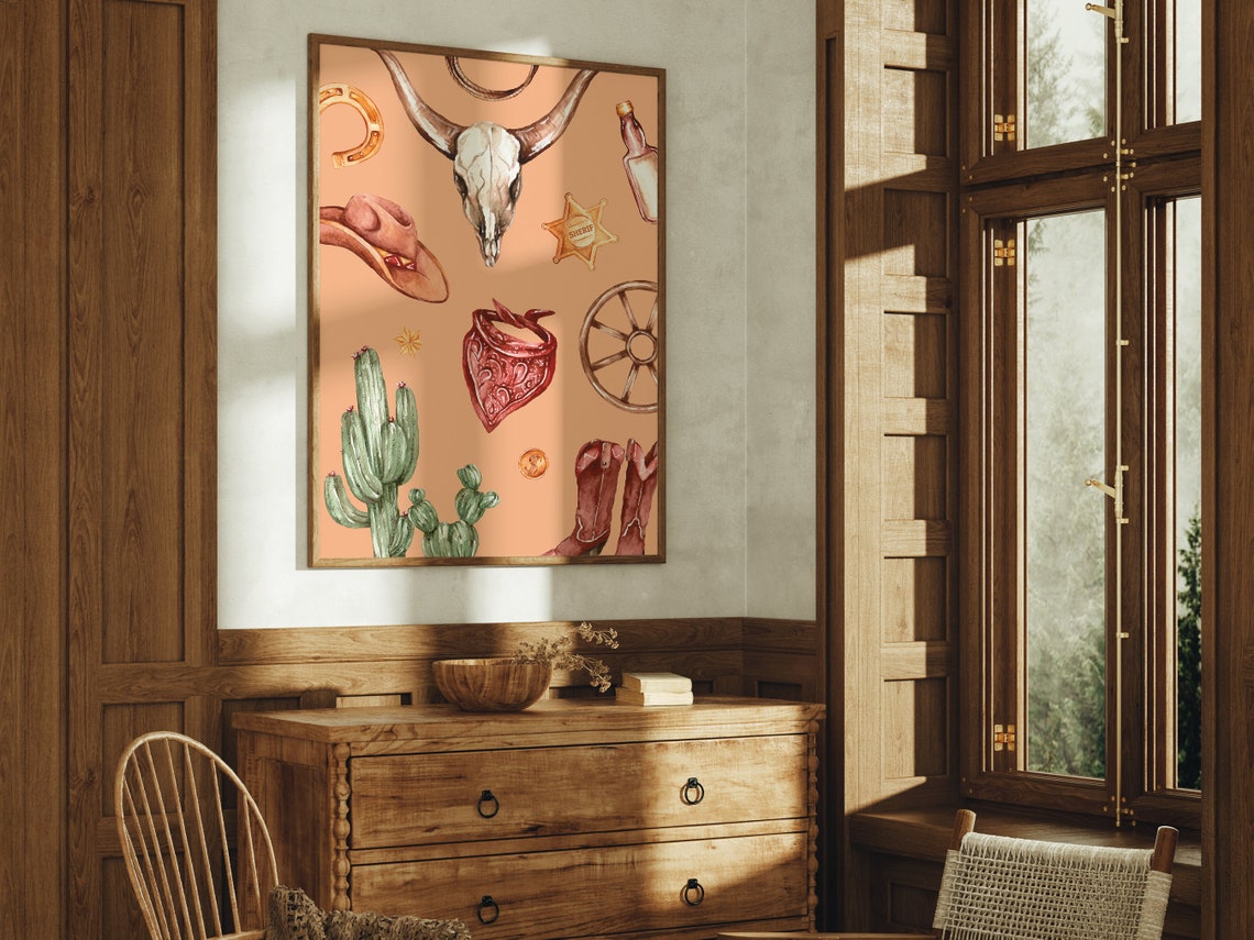 Western Watercolor Collage Longhorn Skull Boots Cactus Tan Poster - Image 2