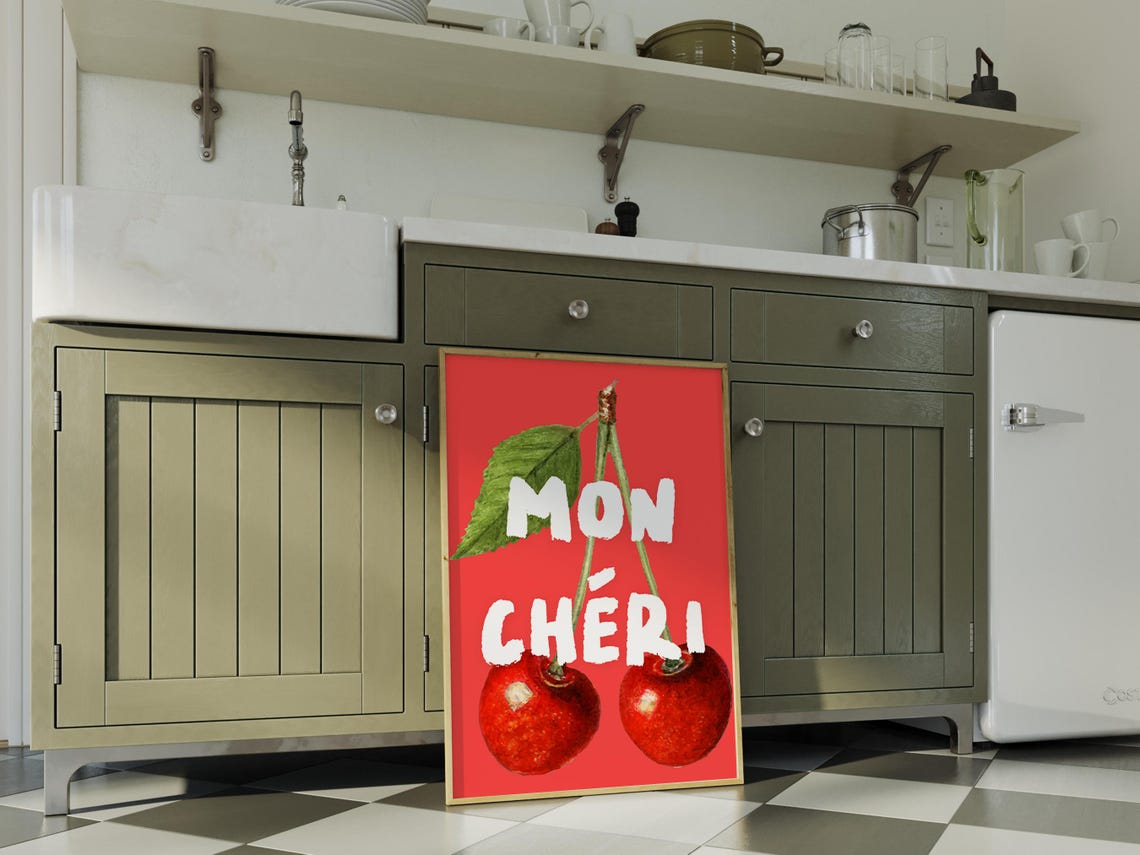 Mon Chéri Sweet French Cherry Phrase Romantic Watercolor Art Poster - Image 2
