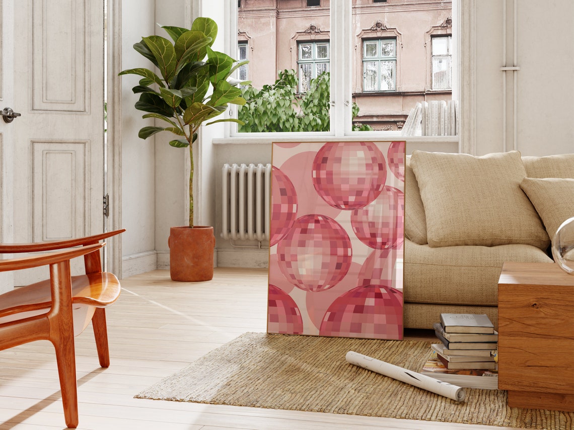 Pink Disco Ball Pattern Retro Mirrored Party Wall Art Poster - Image 2