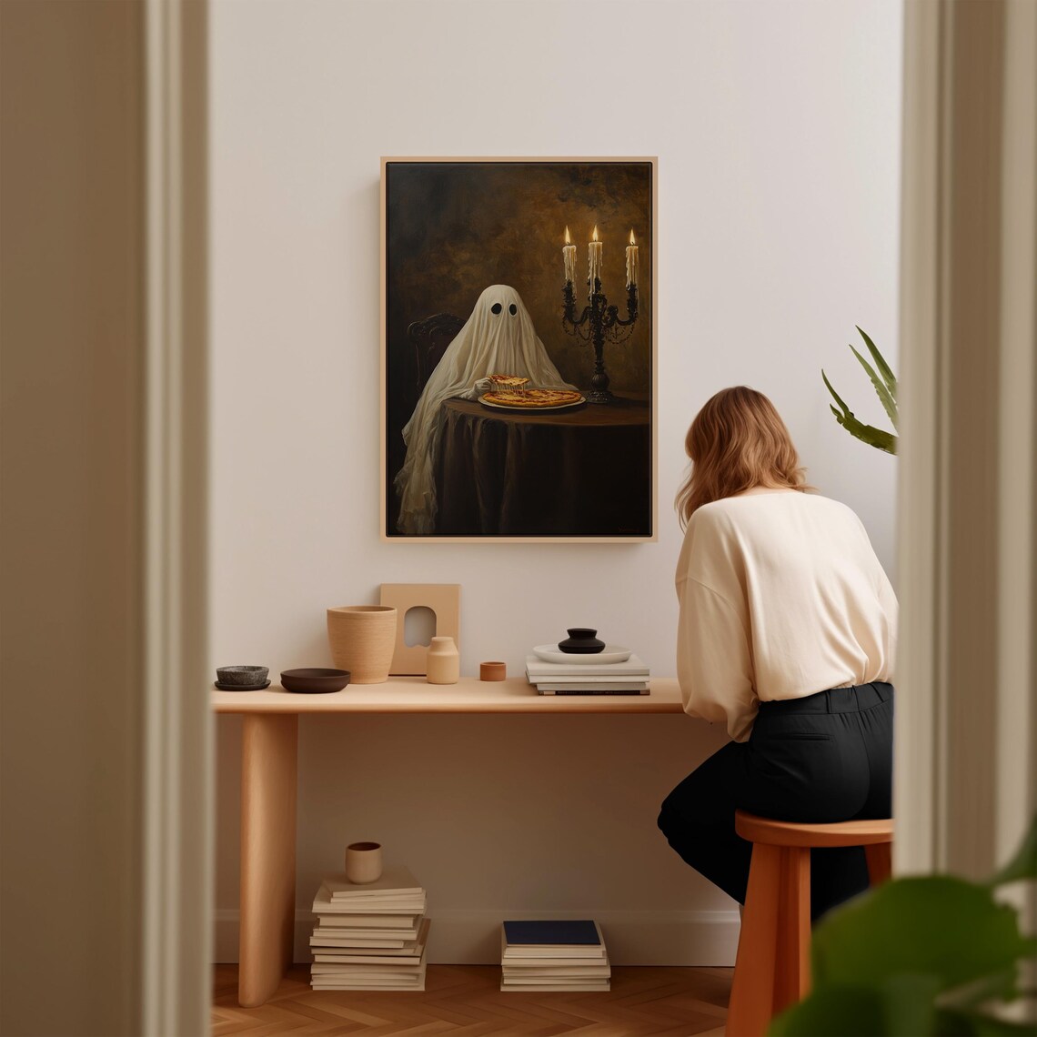 Ghost Enjoying Pizza Slice Candlelit Halloween Gothic Spooky Art Poster - Image 2