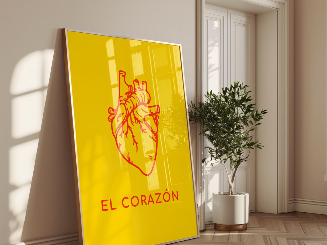 El Corazon Red Anatomical Heart Line Art Yellow Loteria Art Poster - Image 3