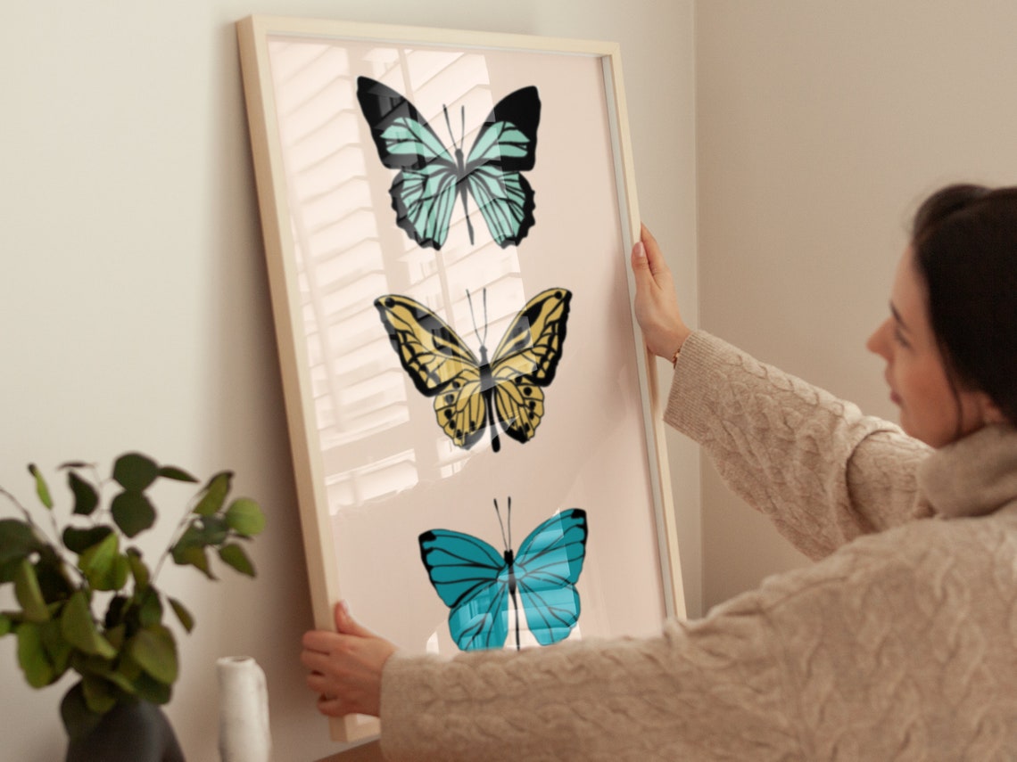 Three Butterfly Stack Mint Yellow Turquoise Boho Wall Art Poster - Image 4