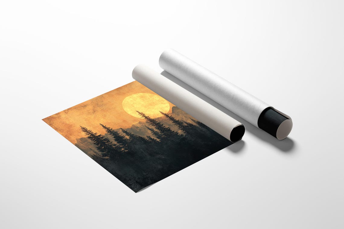 Rustic Sunset Forest Painting Moody Mountain Wall Art Silhouette Pine Trees Warm Nature Print Scenic Wilderness Decor - Image 3