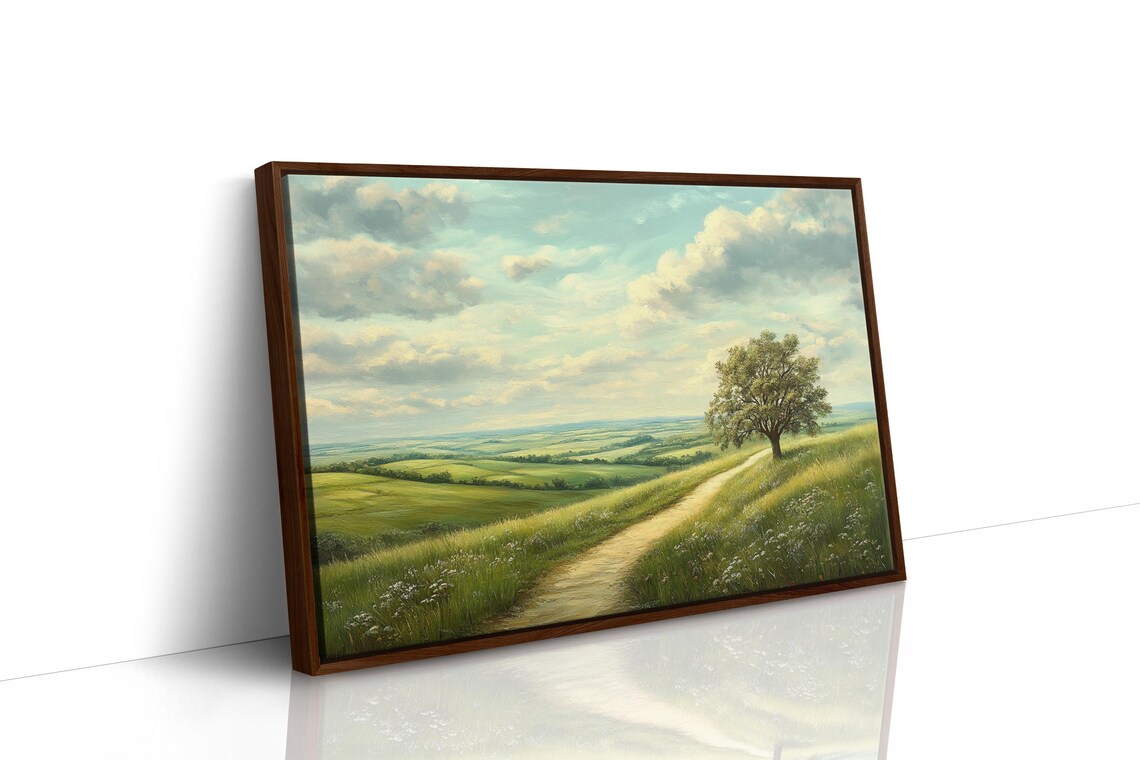 Sunny Countryside Path, Peaceful Tree Landscape Art Print - Image 4