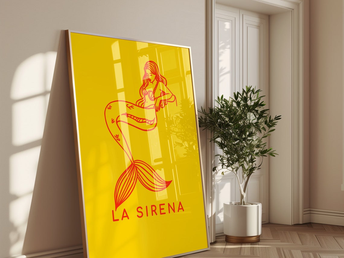 La Sirena Mermaid Red Line Art Bright Yellow Mexican Folk Art Poster