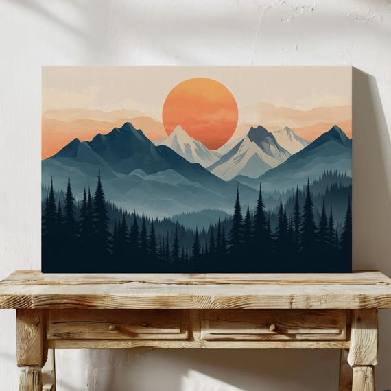 Modern Mountain Sunset Art Print Minimalist Landscape With Bold Colors For Nature Wall Decor