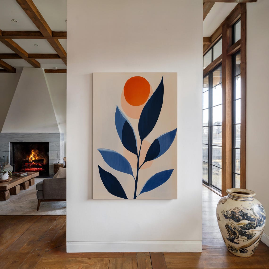 Minimalist Abstract Painting With Bold Navy Leaves Soft Peach Circles And A Striking Orange Sun Against A Neutral Backdrop - Image 3