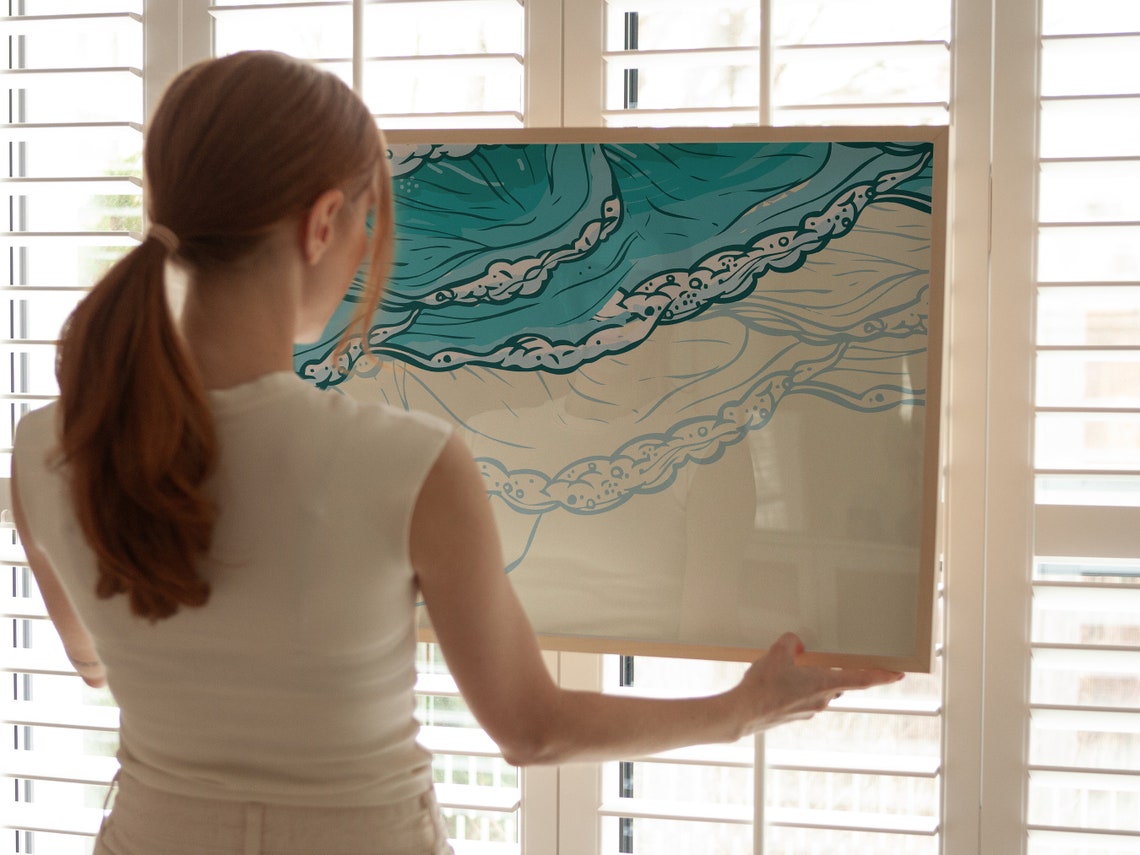 Aerial Teal Ocean Waves Foamy Surf Cream Sand Minimalist Poster - Image 4