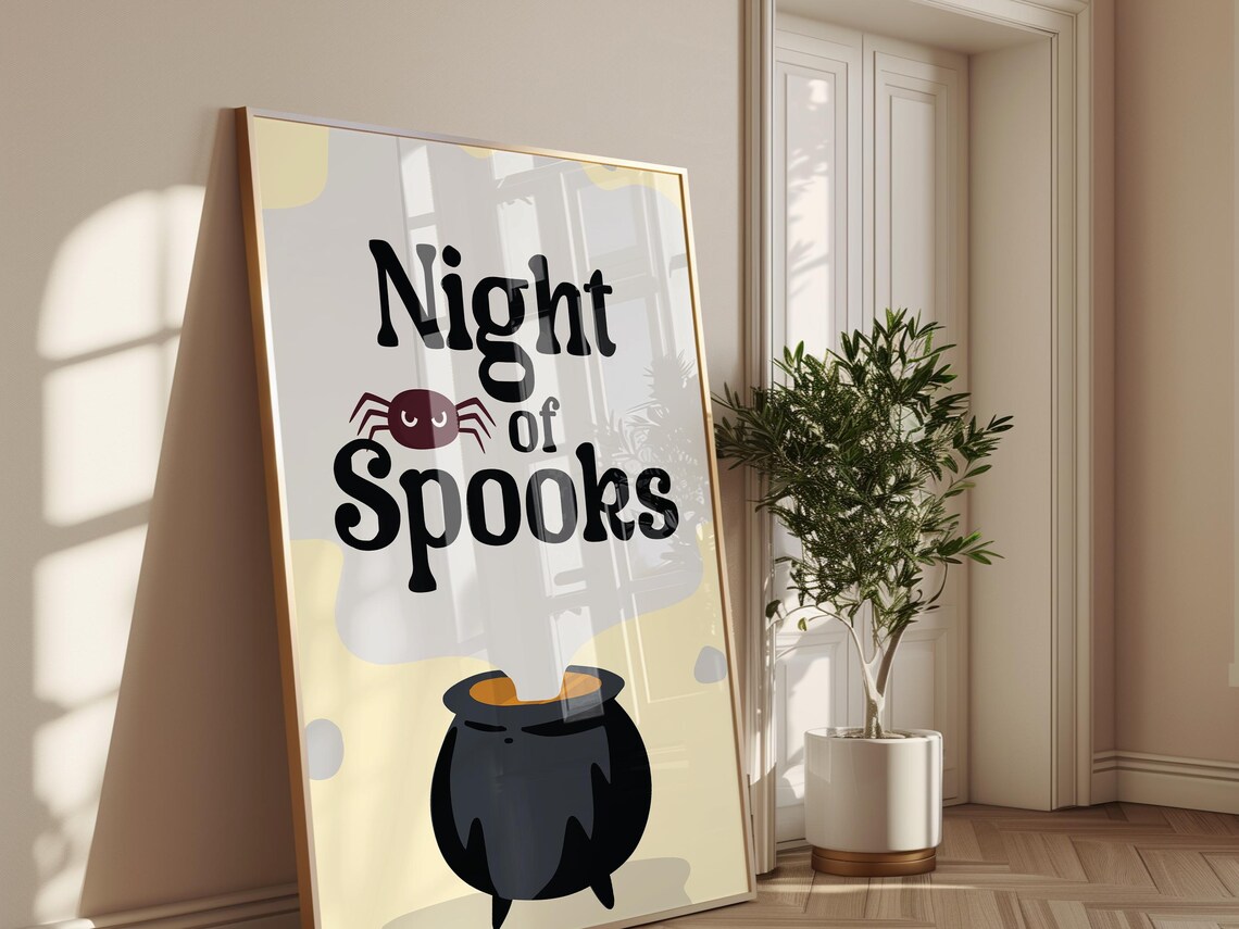 Night Of Spooks Witch Cauldron And Spider Retro Cute Halloween Art Poster - Image 4