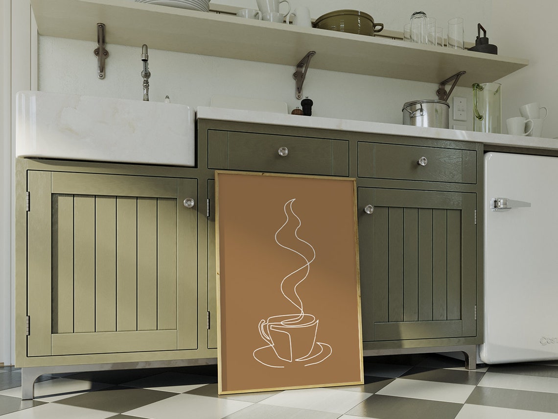 Coffee Cup One Line Art Steaming Cup Brown Tan Modern Kitchen Poster - Image 2