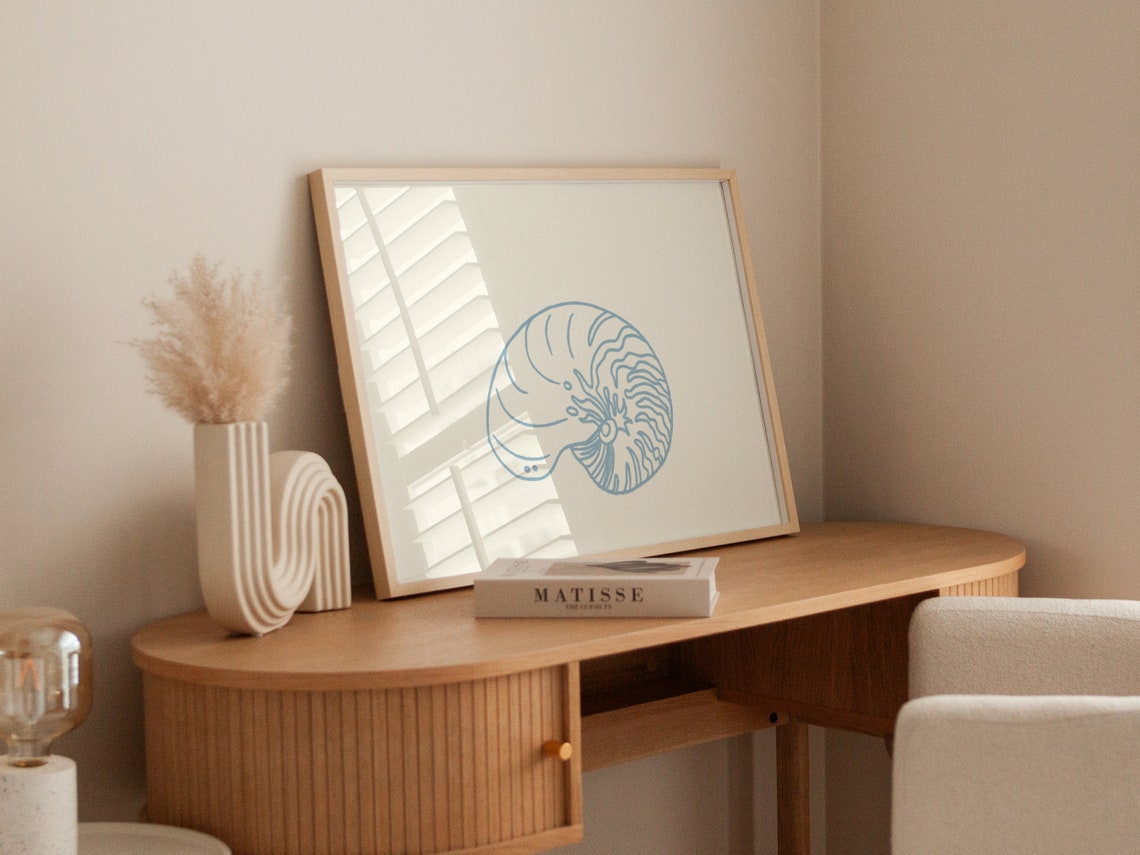 Blue Nautilus Shell Line Drawing Cream Coastal Minimalist Wall Art - Image 4