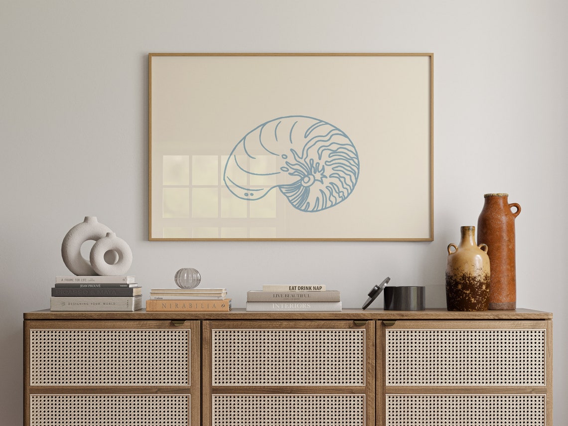 Nautilus Shell Blue Line Art Cream Minimalist Coastal Wall Poster - Image 4