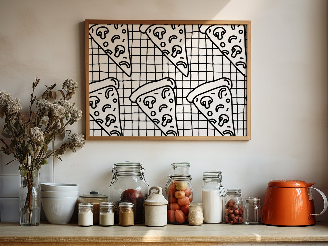 Pizza Slices Pattern On Gingham Check Trendy Kitchen Wall Poster - Image 2