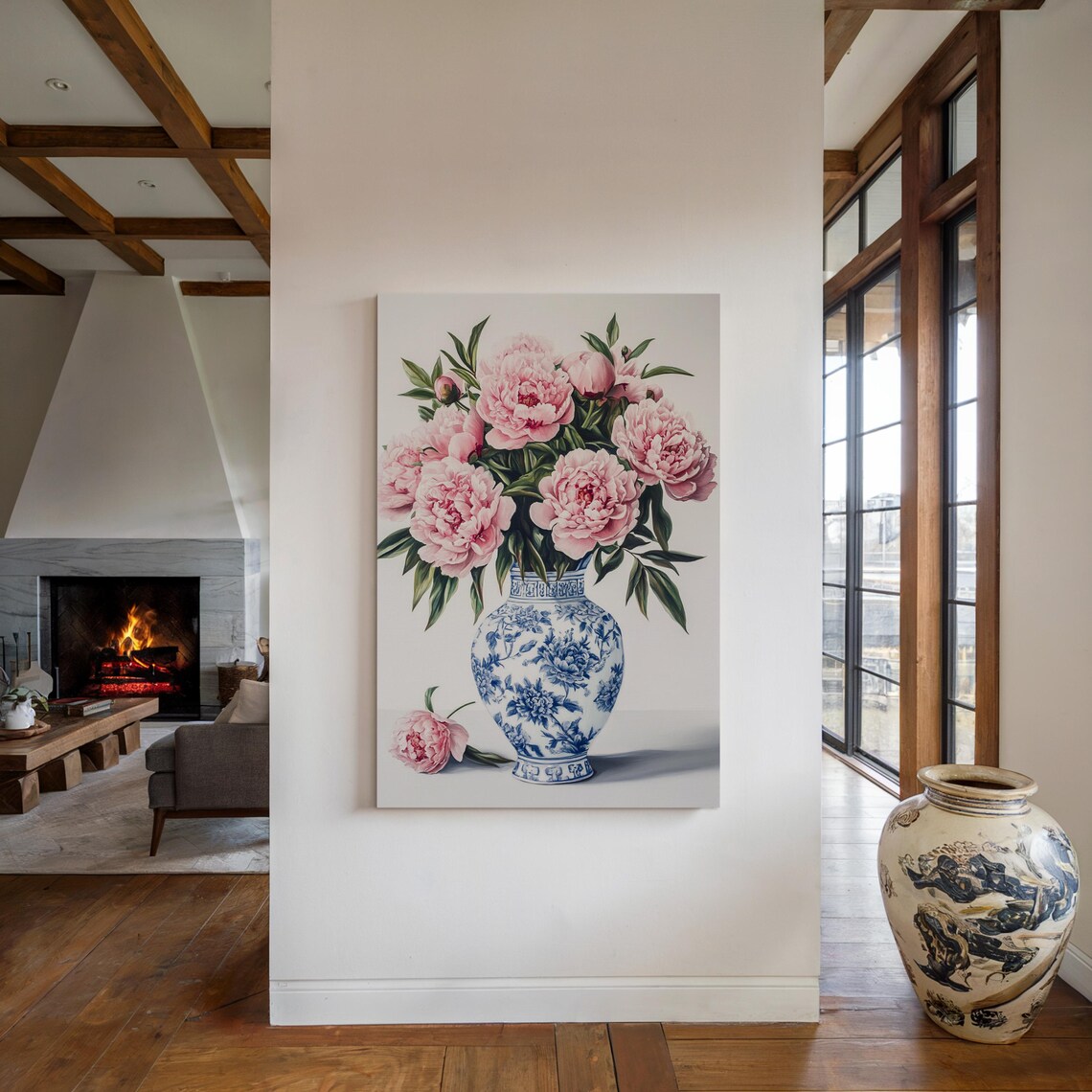 Pink Peonies In Blue White Porcelain Vase Elegant Floral Art Poster - Image 2