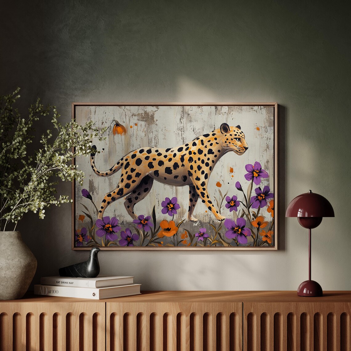 Elegant Leopard Purple Orange Flowers Distressed Background Wildlife Poster - Image 2