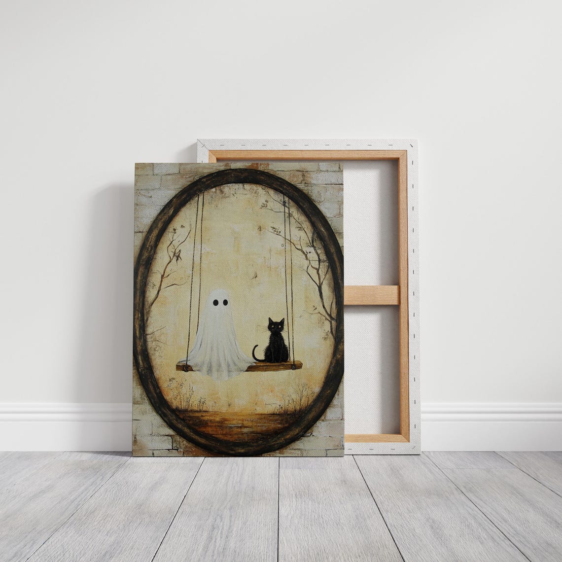 Cute Ghost Black Cat Sharing Swing Vintage Oval Rustic Halloween Print - Image 5