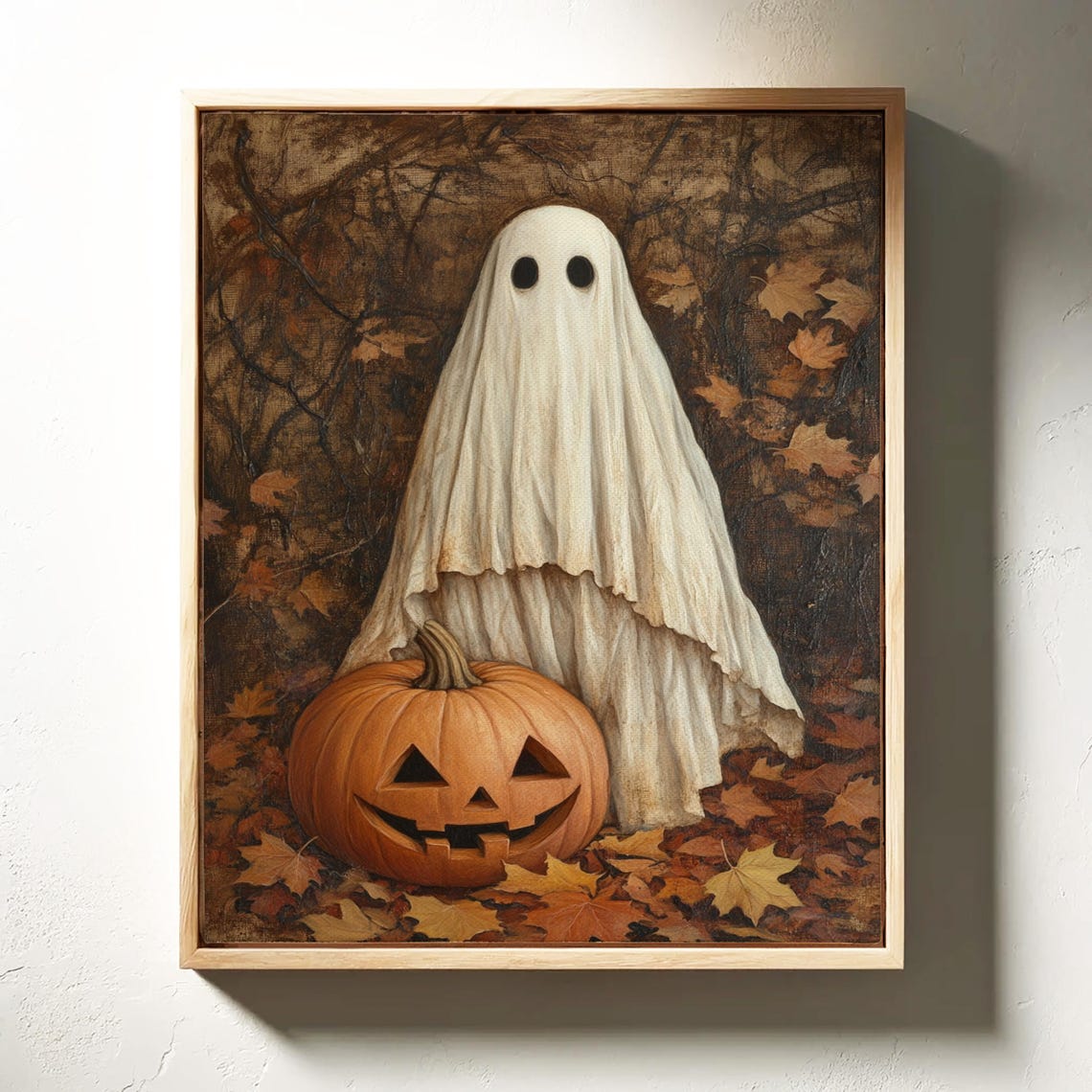 Cute Ghost With Carved Pumpkin Autumn Leaves Halloween Wall Art - Image 3