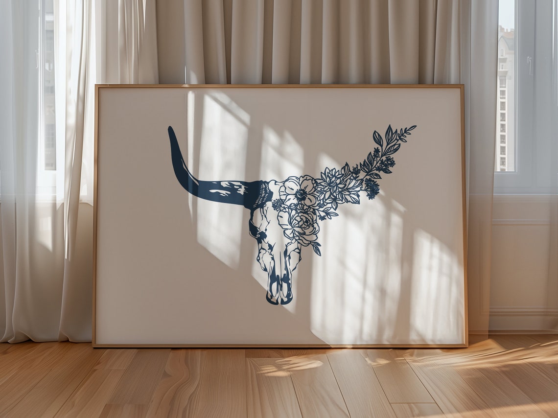 Navy Blue Longhorn Skull With Floral Horns Western Boho Wall Art - Image 2