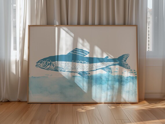 Single Fish Watercolor Coastal Wall Art Ocean Inspired Print For Beach House Kitchen Or Nautical Decor