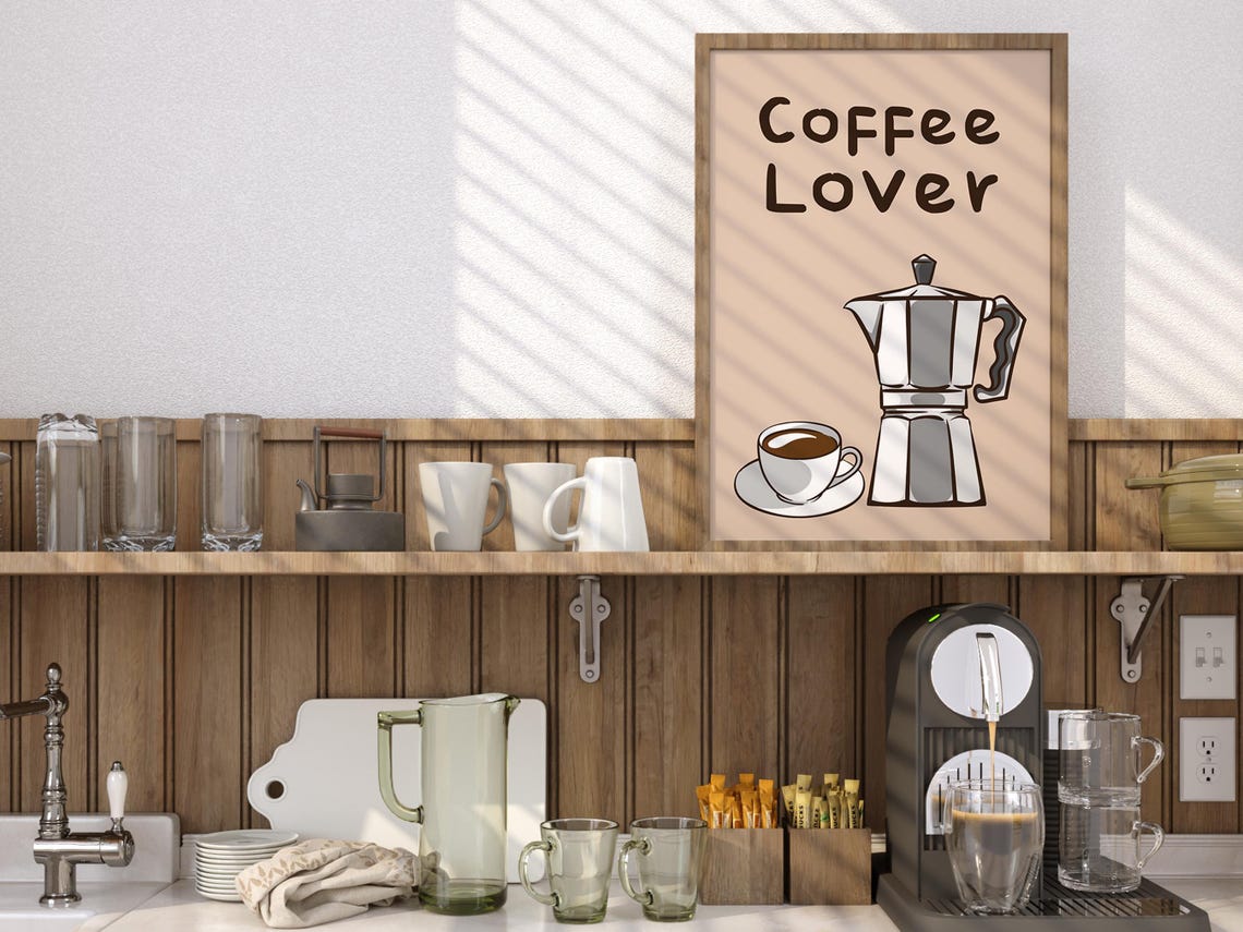 Coffee Lover Art Kitchen Decor For Coffee Lovers Moka Pot And Coffee Cup Illustration Instant Wall Art - Image 2