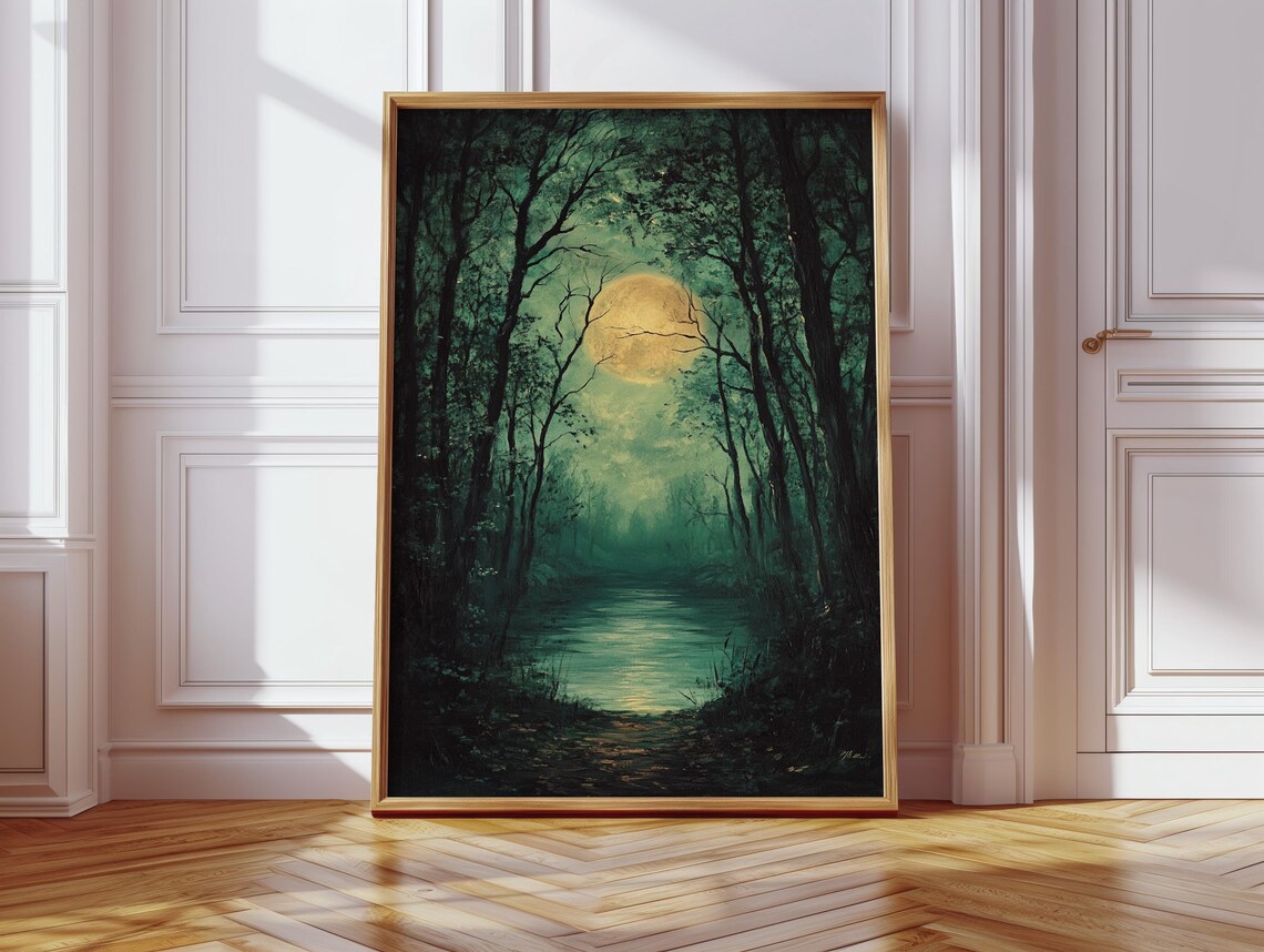 Golden Full Moon Over Forest River, Nocturnal Landscape