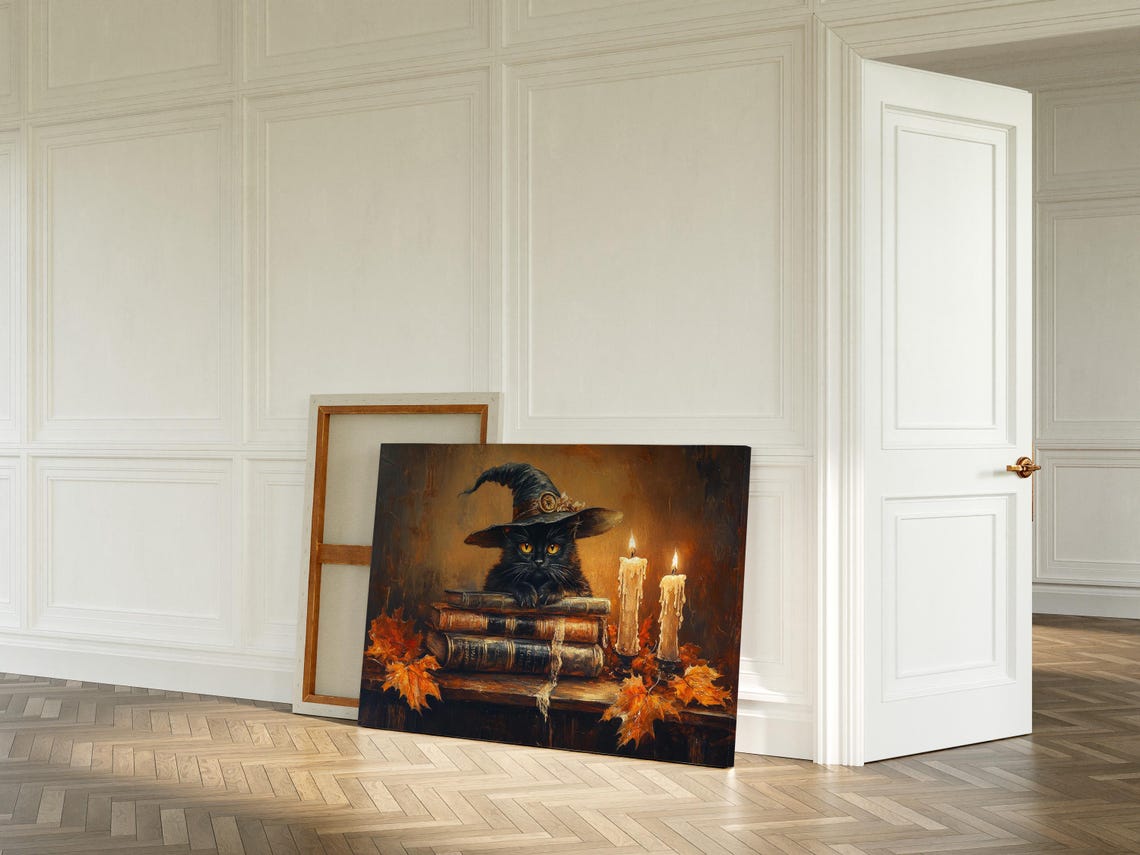 Witchy Black Cat Wizard Hat Books Candlelight Autumn Halloween Poster - Image 3