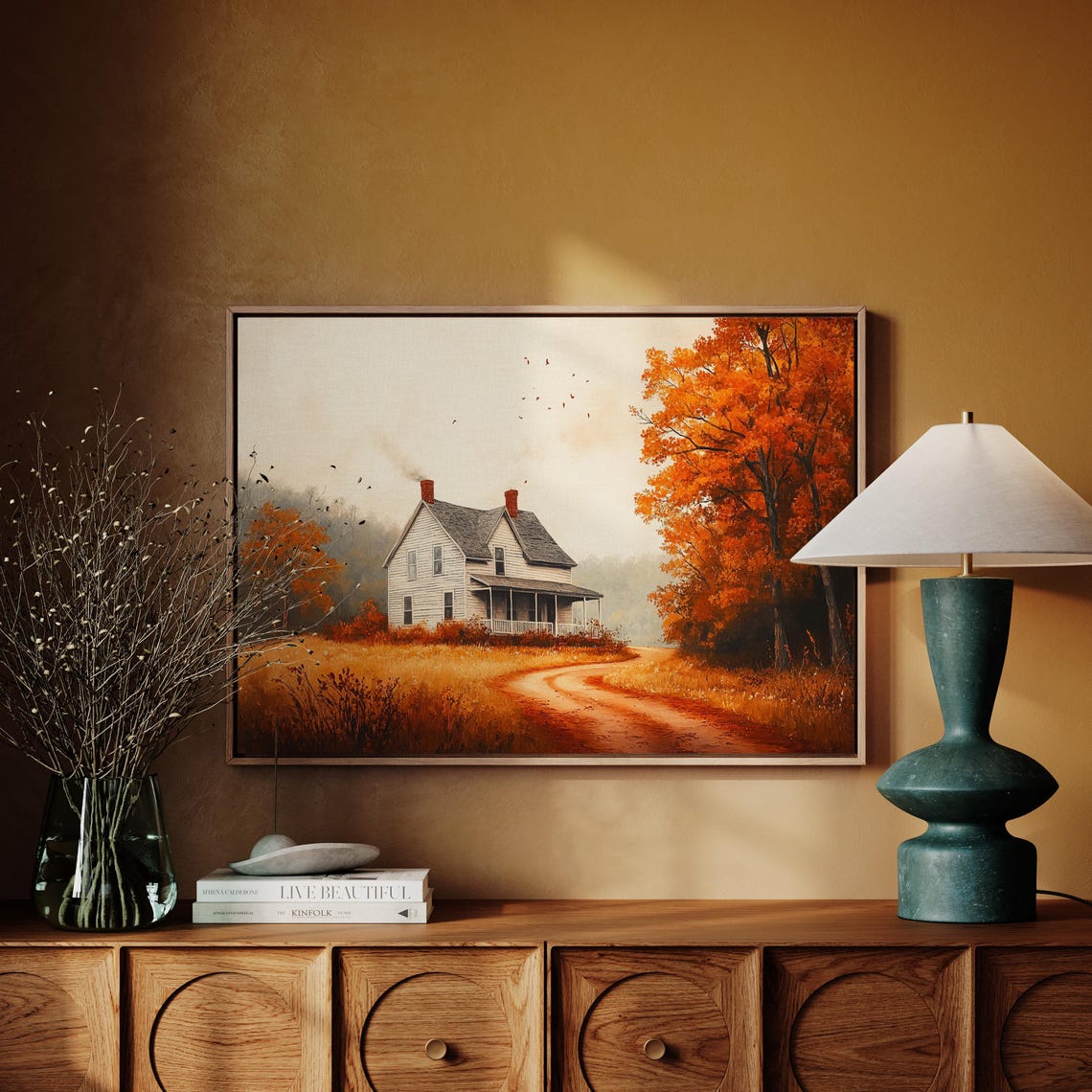 Autumn Farmhouse Landscape, Rustic Country House Art - Image 3